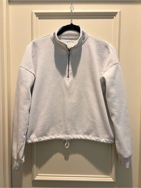 American Eagle White Quarter-Zip Drawstring Pullover Sweatshirt